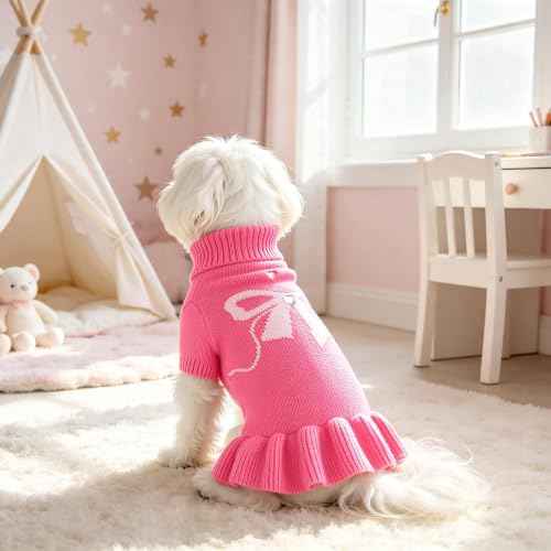 Bowknot Dog Sweater Dress for Small Dogs Girl (X-Large (21-28lbs) / Rose Pink)