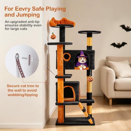 54in Gothic Cat Tree (Black/Pumpkin Orange / 54in)