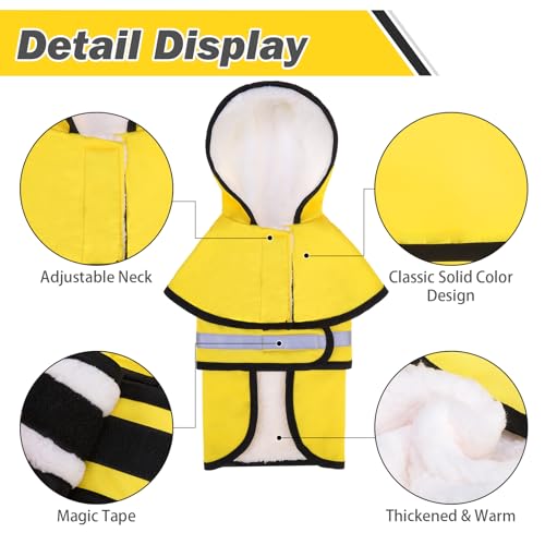 Winter Dog Raincoat Hooded Slicker Poncho with Leash Hole (S:10-15lbs / Yellow(Thick Fleece))