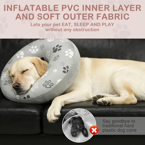 Dog Cone Alternative After Surgery Donut Collar Soft (Grey Footprints / L(Neck 16"-18"))
