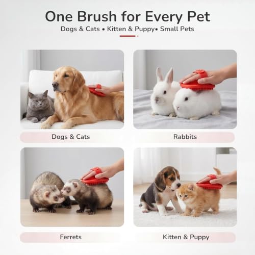 Rubber Pet Grooming Brush for Dogs & Cats (Red)