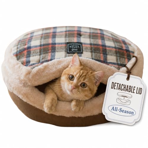 Cat Bed Cave Enclosed Hideaway with Detachable Lid for Kitten (Brown)