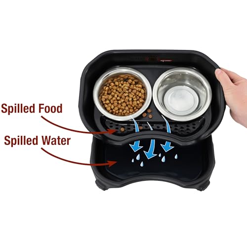 Express Mess Proof Dog Bowls Elevated for Small Breed (Small w/ Metal Slow Feed Bowl / Midnight Black)