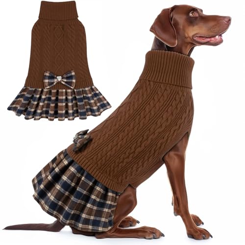 Dog Sweater Dress for Medium Large Dogs Turtleneck Thick Knit (XX-Large (40-70lbs) / 10# Brown)