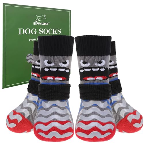 Dog Socks to Prevent Licking Paws with Grippers for Hardwood Floors Anti Slip (Small / Grey)