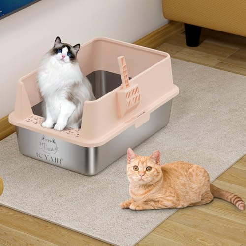 2PACK Stainless Steel Cat Litter Box with High Sides Lid (2PK-Light Pink)