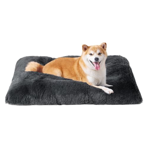 Fluffy Dog Crate Bed for Large Dogs (Dark Grey / 35 x 23)
