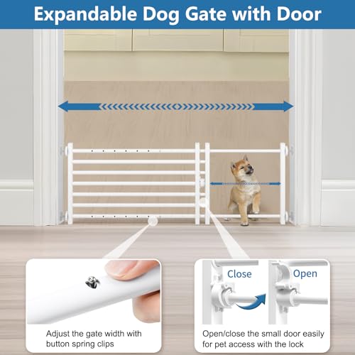 Indoor Dog Gate with Door (White / 14''H × 34''- 55''W)