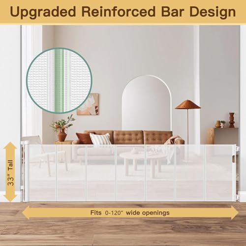 Reinforced 120 Inch Retractable Baby Gates for Doorway (White / 33" Tall x 120" Wide（ With Reinforced Bar ）)