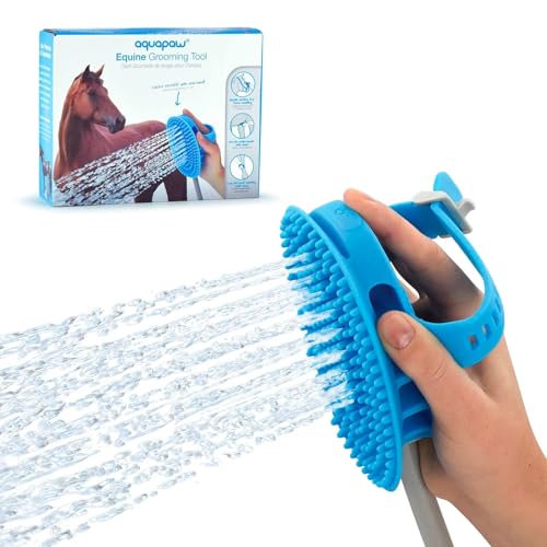 5-in-1 Horse & Dog Bath Brush & Curry Comb - XL Blue Silicone - Includes 3-ft Shower Hose Attachment & Adapter - Adjustable Spray Scrub Massager - Great for Horses & Big Dogs (X-Large)
