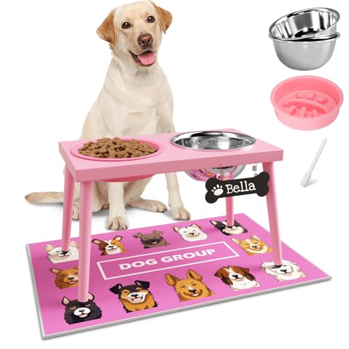 Adjustable Elevated Dog Bowl Stand with Slow Feeder (Height-10inch / Pink-L with slow feeder)
