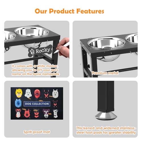 3-in-1 Elevated Dog Feeder with 3 Stainless Steel Bowls, Heavy Iron Stand, Custom Name Plate, Non-Slip Mat - Easy Clean for Multiple Dogs (Black-L, 3 Bowls / Height:9-12.2inch)