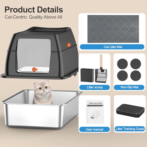 Extra Large Stainless Steel Litter Box with Lid (Black)