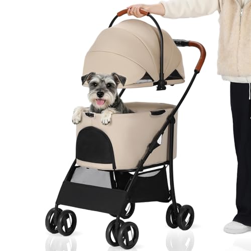 Pet Stroller for Small Dogs Cats Up to 45lbs with Detachable Canopy (Khaki)
