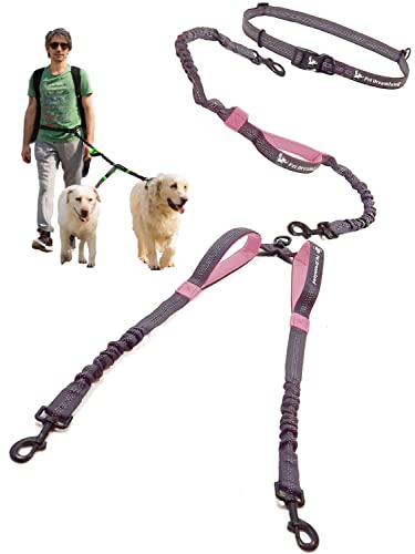 Exquisite Hands Free Dual Dog Leash for Large Dogs. Trending Waist Leash for Walking 2 Dogs No Tangle. You Will Absolutely Love This Amazing Double Dog Gear (Dark Grey & Pink)