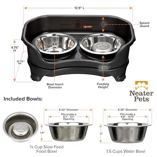 Express Mess Proof Dog Bowls Elevated for Small Breed (Small w/ Metal Slow Feed Bowl / Midnight Black)