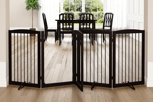 Freestanding Dog Gates with Door Walk Through (4 Panel 32" / Dark Brown)