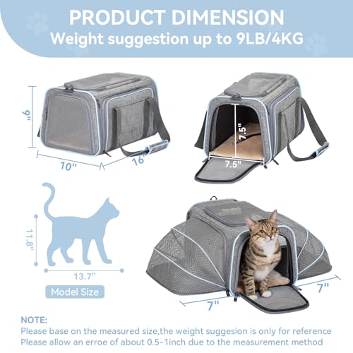 Small Double Expandable Cat Carrier for Kittens and Air Travel (16.0"L x 10.0"W x 9.0"H / Light Grey)