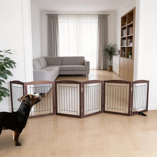 Freestanding Dog Fence Indoor (Brown / 【6 Panels】120''w x 24''h)