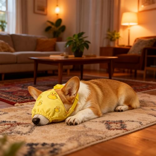 Dog Calming Cap Eye Mask Ducks Nylon Shading Pet Anxiety Mask Muzzle for Grooming Anti Car Sickness (Yellow Duck / M)