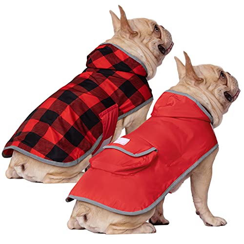 2-in-1 Reversible Dog Raincoat Hooded Poncho Rain Jacket Red Plaid S (Small / Buffalo Plaid / Red)