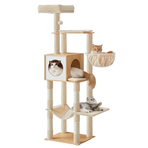 Cat Tree, 65-Inch Tall Cat Tower, Multi-Level Condo with Cave (Almond Yellow)
