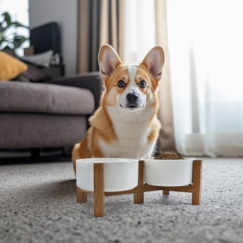 Acacia Wood Stand Dog Bowl Set Raised (28.74 Oz / White)