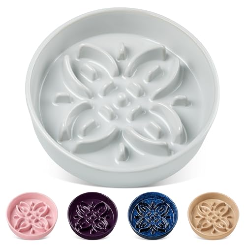 Ceramic Slow Feeder Dog Bowls (M-1.5 Cups / Grayish Cyan)