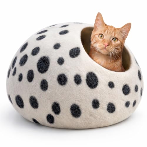 Luxurious Merino Wool Cat Cave (White Polka)