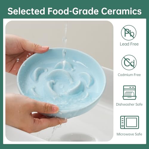 2 Pcs Ceramic Cat Slow Feeder Bowl Set (White and Blue)