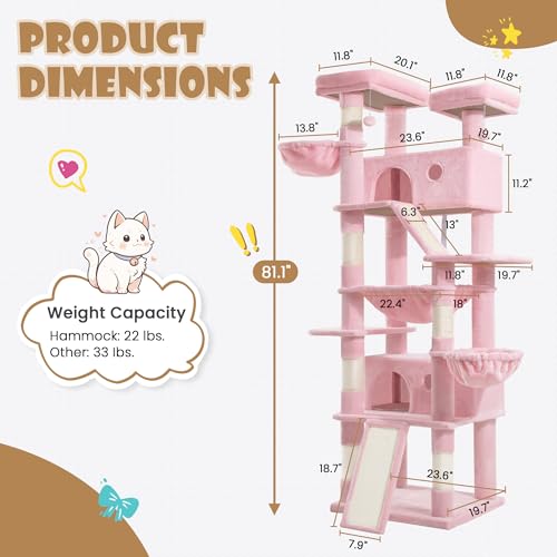 81in Multi Level Tall Cat Tree Tower for Indoor Kitties (Pink)