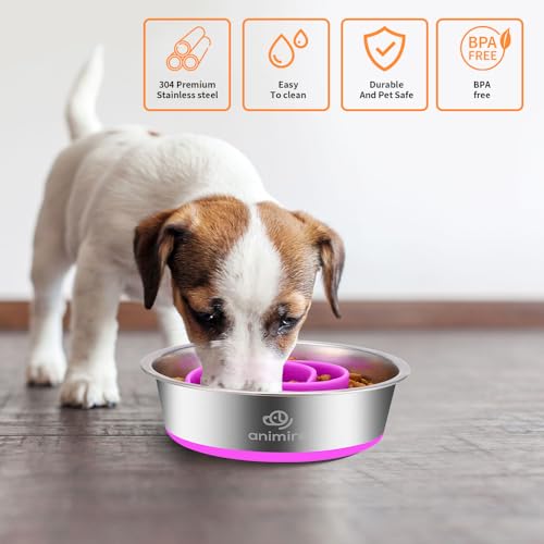 2-in-1 Metal Dog Bowl with Slow Feeder Insert, Stainless Steel Dog Bowls Food Grade 304, Water Food Bowl with Anti-Slip Silicone Base for Small & Medium Dogs(Purple, 3 Cups) (2 Cups / Purple)