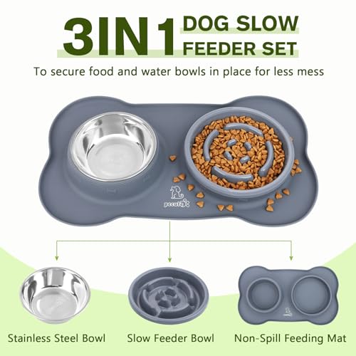 Slow Feeder Dog Bowls to Slow Down Eating (Large-2 Cup/17 oz each / Grey)