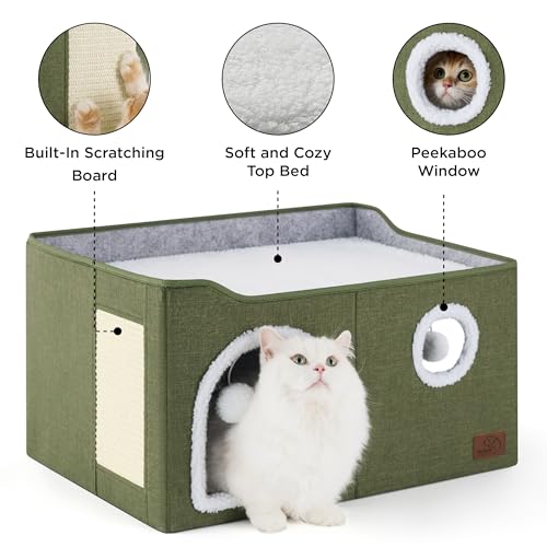 Extra Wide Cat House Bed with Fluffy Ball and Scratch Pad (Loden Green / Widen)