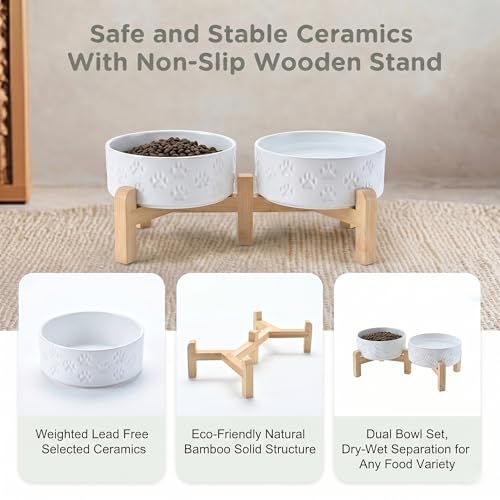 Elevated Dog Bowls Ceramic (5.1 in - 1.7 cups / Paw White)