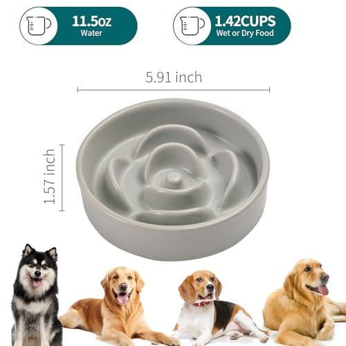Grey Ceramic Slow Feeder Dog Bowl for Small and Medium Breeds (6.1 In Grey Slow Feeder Bowl / Grey)