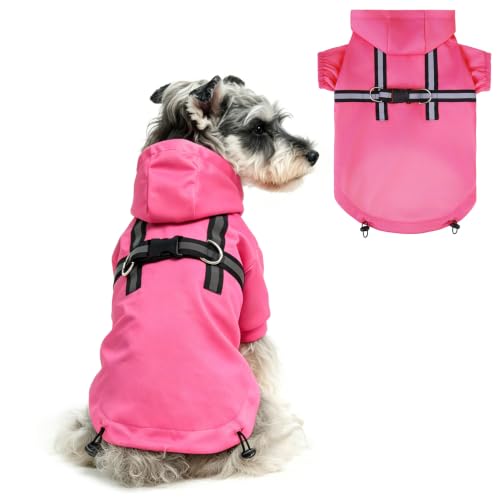 Dog Raincoat with Hood & Harness Built (S (Back 13.2", Chest 18.5", Neck 13.9") / Fuschia)