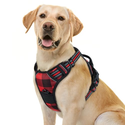 Dog Harness No Pull for Large Dogs with 2 Leash Clips (Large / Red Plaid)