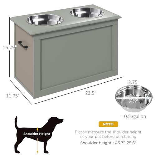 Raised Pet Feeding Storage Station with 2 Stainless Steel Bowls Base for Large Dogs and Other Large Pets (Gray)
