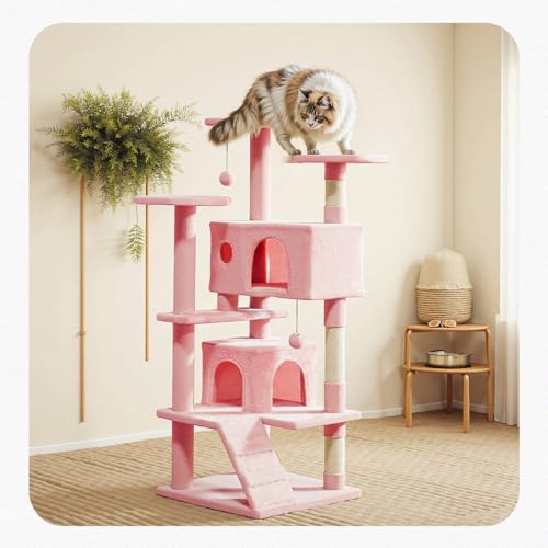 54 Inch Cat Tree Tower with Natural Sisal Scratching Post (Pink / 54IN)