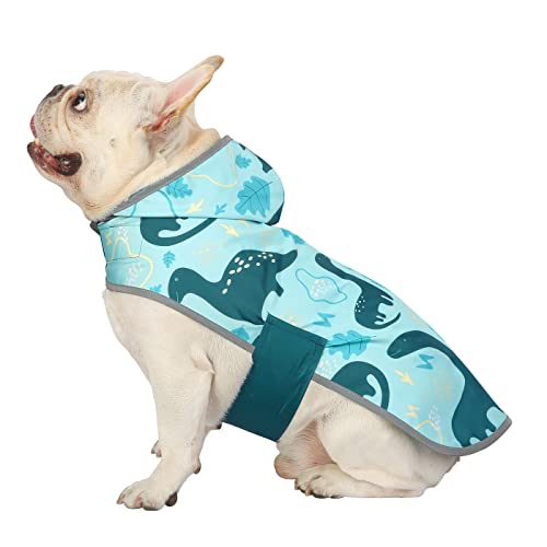 2-in-1 Reversible Dog Raincoat Hooded Poncho Rain Jacket Teal Dino M (Medium / Dinosaurs)