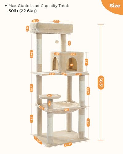 Cat Tree for Large Cats Adult with Metal Plush Big Hammock (Beige / 56.3in)