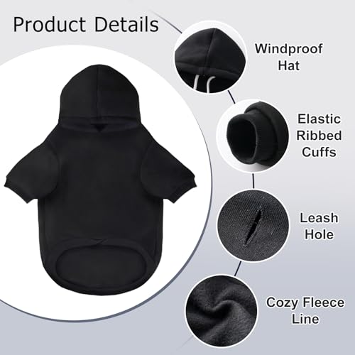 Dog Basic Hoodie Soft Dog Clothes Cold Weather Sweaters for Medium Large Dogs Cozy Fabric Warm Sweatshirt with Leash Hole for Boys (Black / XS (Back: 10.24",Chest: 14.96", 2-5 lbs))