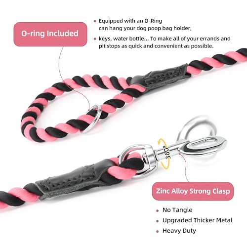 Rainbow Dog Leash Braided Cotton Rope w Leather (Black/Pink / 48 Inch-1/2")