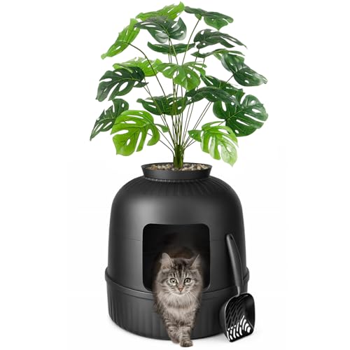 Hidden Plant Cat Litter Box with Stainsteel Scoop (Black)
