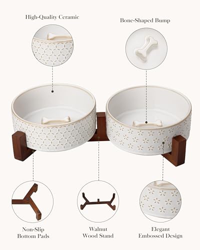 Dog Bowl Set Ceramic Bowls with Walnut Wood Stand (Five-leaf Grass+Honeycomb / 4 Cups)