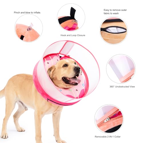 Inflatable Dog Cone Collar for Large Medium Small Dogs (Pink Donut / X-Large)