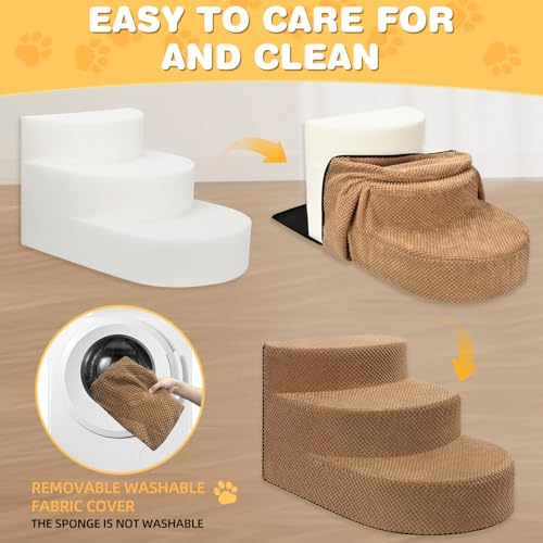 Dog Stairs 3 Steps Foam Pet Ramp for Small Dogs Cats (Khaki-3-Step)