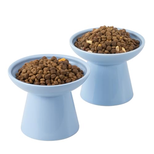 2 Pack Extra Wide Elevated Ceramic 6.2" Shallow Cat Food Bowls (Baby Blue-2 Food Bowl)