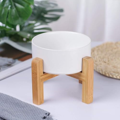 Ceramic Elevated Dog Bowl with Bamboo Stand (Medium / White)